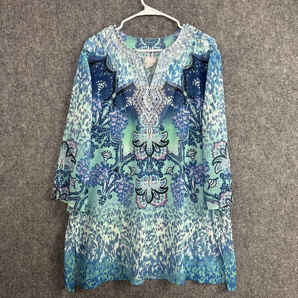 Chico's 3 Top Blouse  Womens Size 16 / 18 Blue Tunic Sequins Embroidery  Artsy